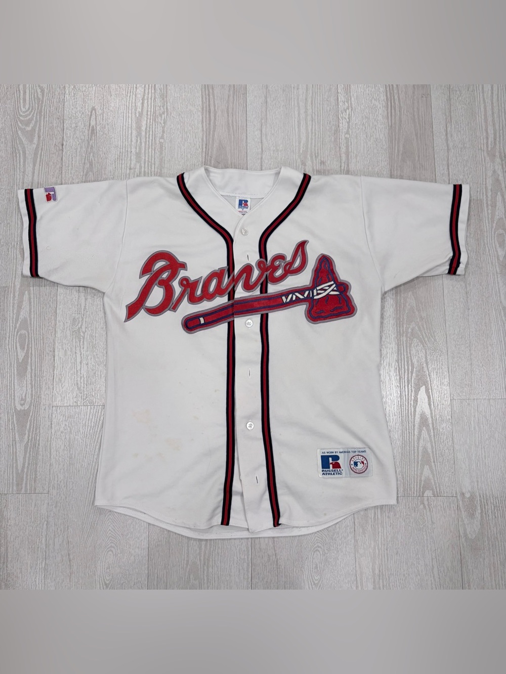 Vintage Russell Athletic White Atlanta Braves MLB Button-Up Jersey Size M